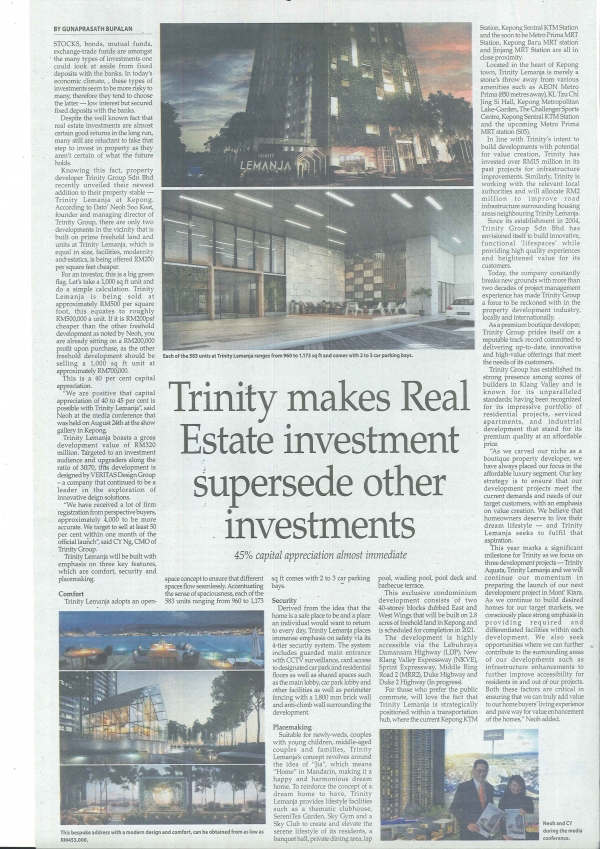 Trinity makes Real Estate investment supersede other investments